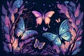 illustration fabulous luminous butterflies at night. Generative AI