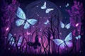 illustration fabulous luminous butterflies at night. Generative AI
