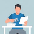 Illustration of a faceless person sitting at a table, using a stapler on a stack of papers. Royalty Free Stock Photo