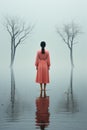 Woman in red dress standing with her back in water between trees. Gloomy atmosphere. Mental health psychology identity