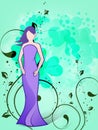 Illustration of Faceless Young Woman in Purple Long Gown and Floral Decorated on Green Background. Can Be Used as Greeting Card or