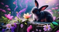 Illustration of fairy Easter Bunny with flowers and butterflies. Fantasy, fairytale, Generative AI