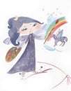 Fairy girl with wings. Cute little fairy girl is drawing a unicorn with a rainbow. Watercolor illustration.