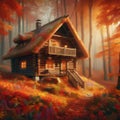 Illustration of a fairy house. Cozy log cabin in the woods during autumn, surrounded by colorful foliage and trees with Royalty Free Stock Photo