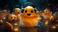 Illustration of fairy pumpkins ghosts in headphones. Halloween concept Royalty Free Stock Photo