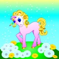 Cute kawaii unicorn with golden mane in a green meadow with dandelions. Royalty Free Stock Photo