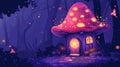 Illustration of fairyland woodland with gnome mushroom house, neon lights glowing in round wooden window and door, and Royalty Free Stock Photo