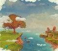 Illustration of a fairytale fantastic forest ,houses, lake ,sky and big tree in sky