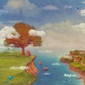 Illustration of a fairytale fantastic forest ,houses, lake ,sky and big tree in sky