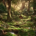 Illustration of a fairytale forest. Mysterious fantasy charm place, book cover, generative ai