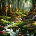 Illustration of a fairytale forest. Mysterious fantasy charm place, book cover, generative ai