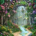 Illustration of a fairytale forest. Mysterious fantasy charm place, magical garden, generative ai