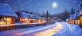 Illustration of fairytale winter cityscape. Snow-covered roofs at snowfall night with a full moon in the sky Royalty Free Stock Photo