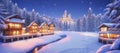 Illustration of fairytale winter cityscape. Snow-covered roofs at snowfall night with a full moon in the sky Royalty Free Stock Photo