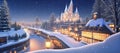 Illustration of fairytale winter cityscape. Snow-covered roofs at snowfall night with a full moon in the sky Royalty Free Stock Photo