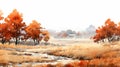 Watercolor Fall Countryside Landscape With Horses - 8k Resolution Royalty Free Stock Photo