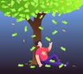 Illustration of falling money from a tree, over a person\'s head, like leaves