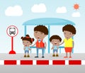 Illustration of the Family at the bus stop, A vector illustration of Family waiting at a bus stop