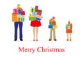 Illustration of family carrying too many gifts in their arms with words Merry Christmas` at bottom`