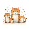 Illustration of a family of cats with flowers on a white background.