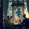 Illustration of a family having christmas dinner seen from the outside