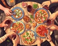 Illustration of family having pizza dinner.