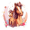 Illustration of a family of horses with flowers on a white background. Royalty Free Stock Photo