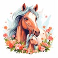 Illustration of a family of horses with flowers on a white background. Royalty Free Stock Photo