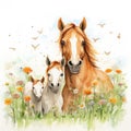 Illustration of a family of horses with flowers on a white background. Royalty Free Stock Photo