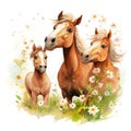 Illustration of a family of horses with flowers on a white background. Royalty Free Stock Photo
