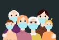 Illustration of family with kids mom dad grandma and grandpa in respiratory mask close up with copy space