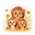 Illustration of a family of lions with flowers on a white background.