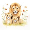 Illustration of a family of lions with flowers on a white background.