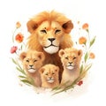 Illustration of a family of lions with flowers on a white background.