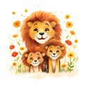 Illustration of a family of lions with flowers on a white background.