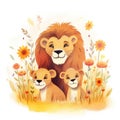 Illustration of a family of lions with flowers on a white background.