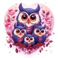 Illustration of a family of owls on a white background.