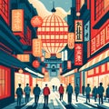Illustration of the famous chinese street in Shanghai, China. generative AI