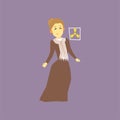 Famous woman scientist - Marie Curie. Discoverer of two radioactive elements radium and polonium. Cartoon character in