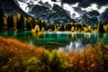 Fantastic autumn landscape with a lake in the italian alps