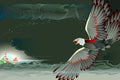 Illustration of fantastic fairy tale bird foreshadowing storm. Symbolic representation of approaching danger. Abstract background