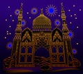 Illustration of fantastic oriental medieval castle at night time. Cover for kids fairy tale book. Poster for travel company.