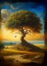 Fantastic landscape with the Tree of Life against the background of the sky and the planet.