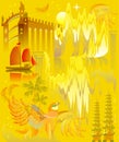 Illustration of a fantastic trip to an ancient fairy-tale country. Vector cartoon image on a gold background.