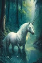 Illustration of a fantastic unicorn in a magical forest AI generated content Royalty Free Stock Photo