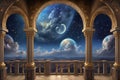 A fantasy balcony with a view of the moon