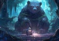 An illustration Fantasy bear sitting wiht human in the forest