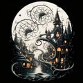 Illustration. Fantasy creepy Halloween city. AI generated.