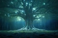 Fantasy dark forest with old tree and glowing lights Royalty Free Stock Photo