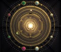 Illustration fantasy dieselpunk solar system model astrolabe Steampunk Background. Quality 3D render